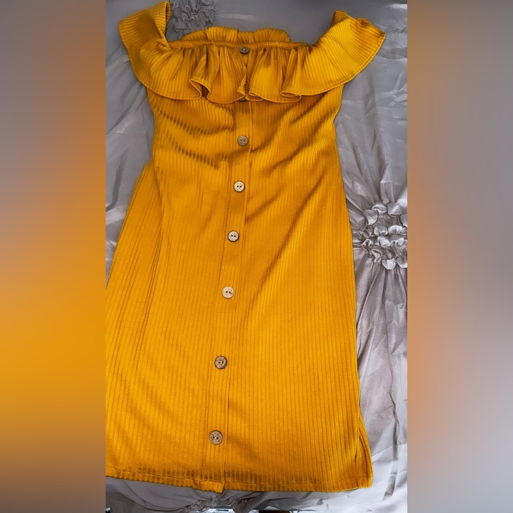 Mustard colored off the shoulder dress